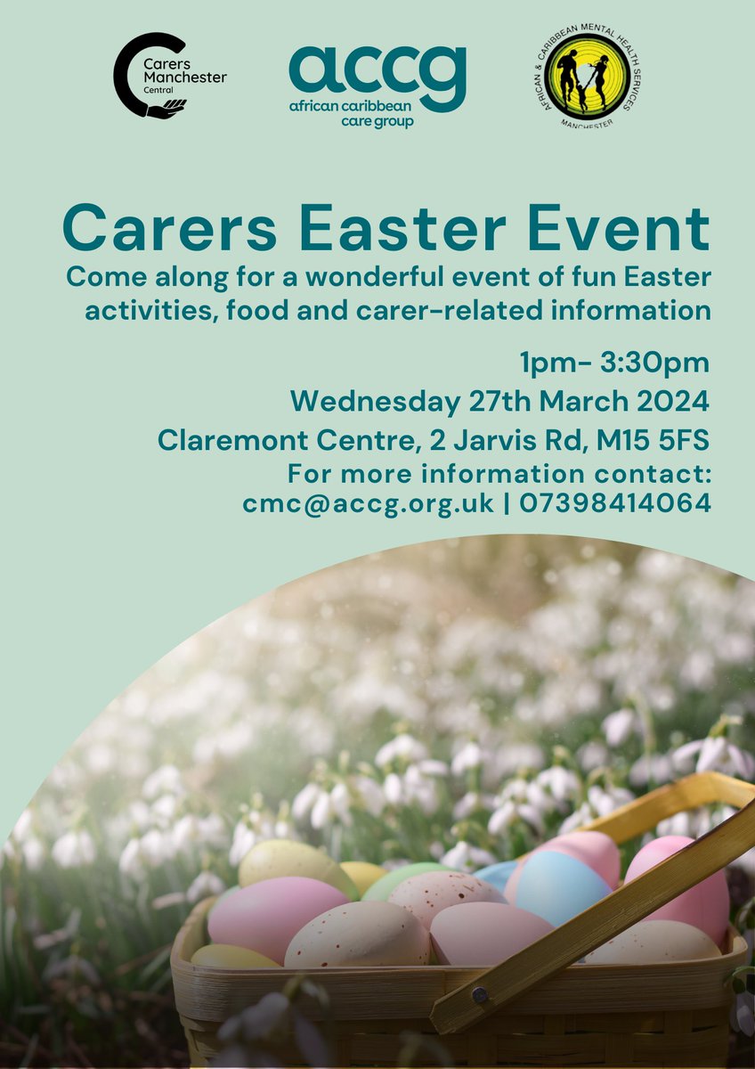 Join Us for an Easter Celebration! Calling all unpaid carers! Mark your calendars for Wednesday, March 27th at 1 PM because we’re hosting a delightful Easter event just for you! Wednesday 27th March 2024, 1:00 PM Location: Claremont Centre, 2 Jarvis Road, M15 5FS @CarersMcr