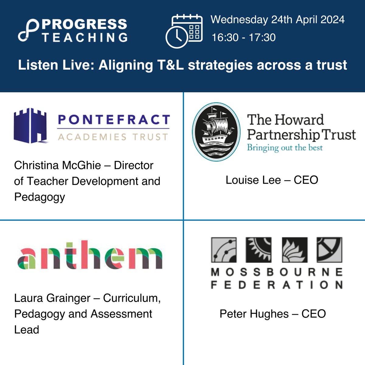 Join us for a practical &amp; insightful Listen Live where you'll learn about the incredible work being done at <a href="/PontefractAT/">Pontefract Academies Trust</a>, <a href="/THPT_Education/">The Howard Partnership Trust</a>, <a href="/AnthemTrust/">Anthem Schools Trust</a>, &amp; <a href="/mossbourne/">MossbourneFederation</a>.

Register now: progressteaching.com/listen-live-al… 

#edutwitter #teachertwitter
