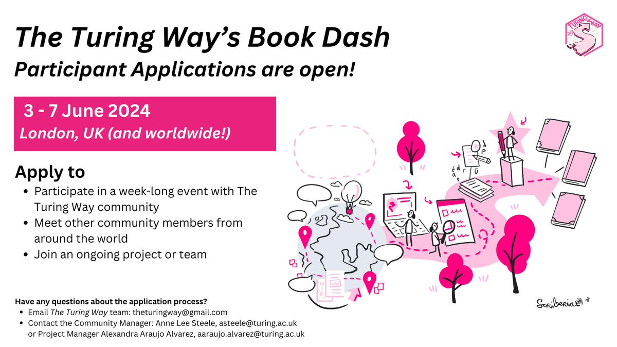 turingway's tweet image. 👋 Hello, World! 👋🗺️

#BookDash applications for June 2024 are now OPEN! 📚🌬️

Join us in a week-long event of collaboration &amp;amp; meet community members from around the world! 🌎🌍🌏

Apply to participate by 26 April: forms.gle/Paung2WcZvbyMp…

Learn more in this thread 🧵