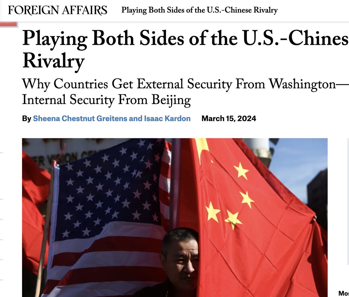 .@IBKardon & I have a new piece today on an important, emerging trend in the international security environment: More & more countries are engaging in security cooperation/assistance from *both* the United States and China. Why? 1/n foreignaffairs.com/united-states/…