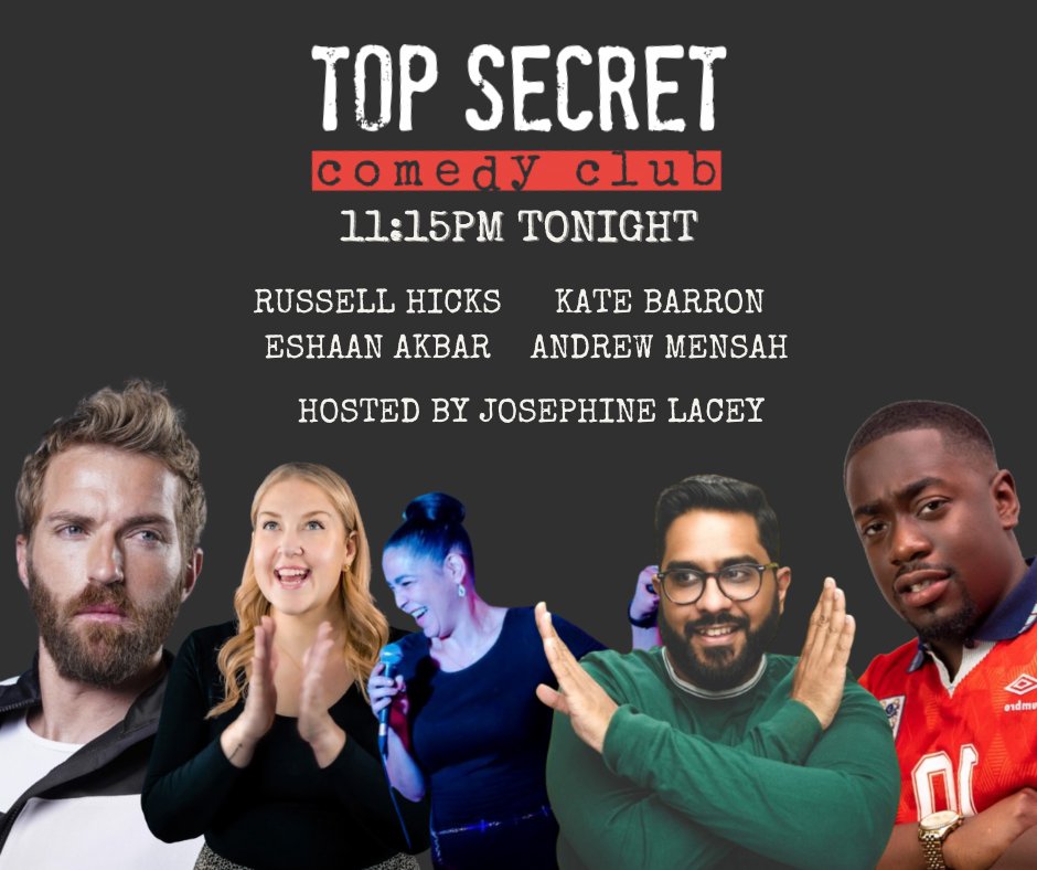 Our 7pm and 9pm shows have sold out but we have a few tickets left for our 11:15pm show. It's a belter of a show tbf! thetopsecretcomedyclub.co.uk/events-listing… @eshaanakbar @russellhickss @andrewmensah__