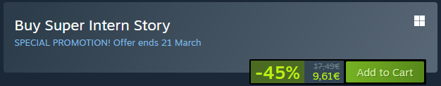 Steam sales are here and for the first time ever you can get Super Intern Story for less than 10$/10€, this is a deal!!

get the game at -45% here➡️store.steampowered.com/app/1068410/Su…

#Steam #SteamDeals #SteamSales #GamingPC #IndieGame