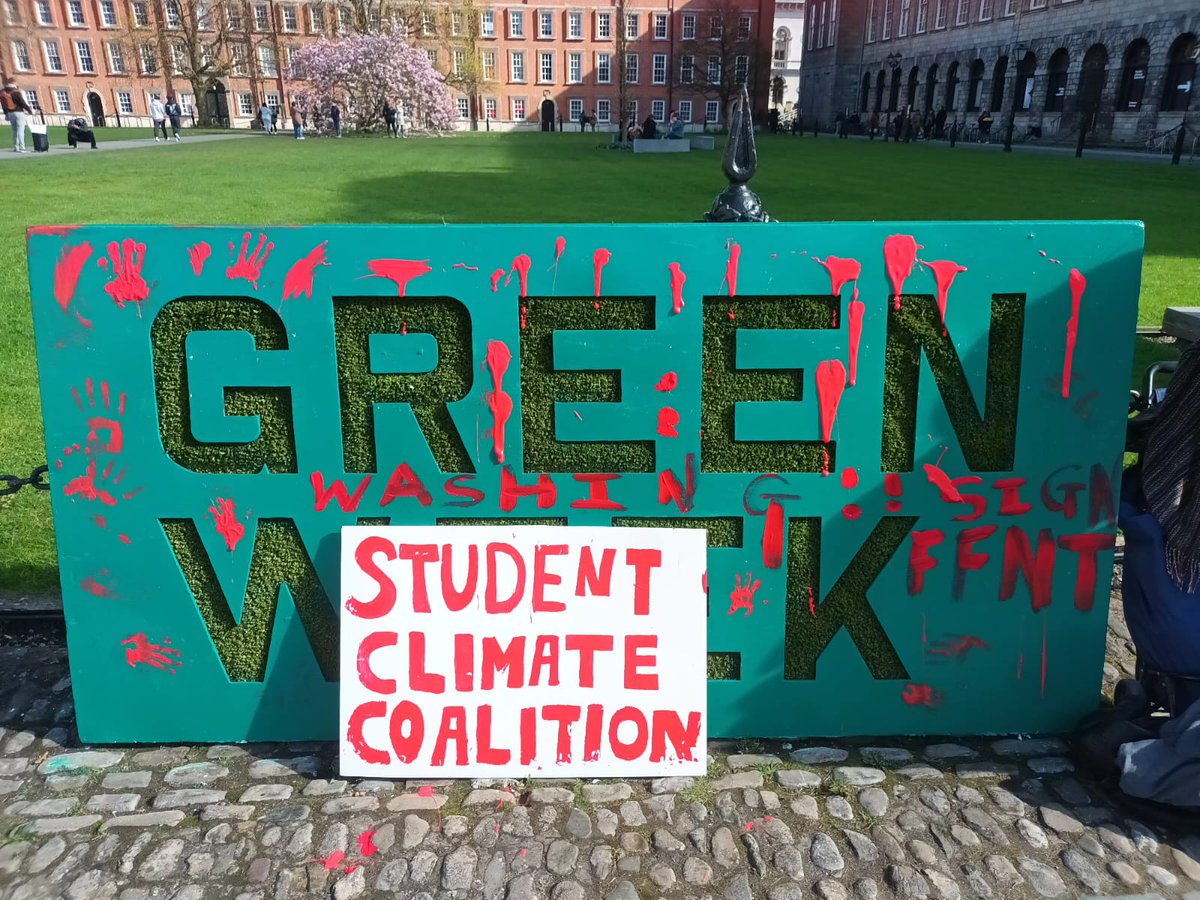 Jenny Maguire (SU) (@tcdsu_president) on Twitter photo Activists have poured red paint on the Green Week sign to highlight <a href="/tcddublin/">Trinity College Dublin</a>'s greenwashing of companies such as Ryanair, Coca-Cola and CRH. They also called on College to endorse the Fossil-Fuel Non-Proliferation Treaty. <a href="/Nathan_Lantier/">Nathan Hutchinson Edgar ๐ต๐ธ</a> <a href="/tcdsu/">Trinity College Dublin Students' Union ๐๐ต๐ธ</a> Activists have poured red paint on the Green Week sign to highlight <a href="/tcddublin/">Trinity College Dublin</a>'s greenwashing of companies such as Ryanair, Coca-Cola and CRH. They also called on College to endorse the Fossil-Fuel Non-Proliferation Treaty. <a href="/Nathan_Lantier/">Nathan Hutchinson Edgar ๐ต๐ธ</a> <a href="/tcdsu/">Trinity College Dublin Students' Union ๐๐ต๐ธ</a>