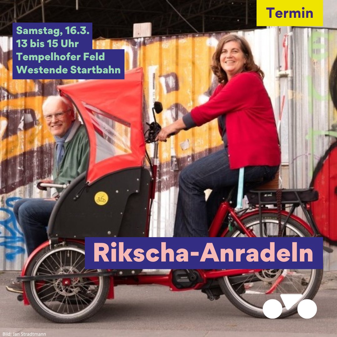 Mal was Neues ausprobieren? Die @fLotteBerlin lädt zum Rikscha-Radeln ein.
Kommt am Samstagnachmittag zum Tempelhofer Feld südlich vom Eingang Paradestraße und probiert mit „Radeln ohne Alter“ das Rikschafahren aus.

Mehr dazu hier:👉 flotte-berlin.de/rikscha-anrade…