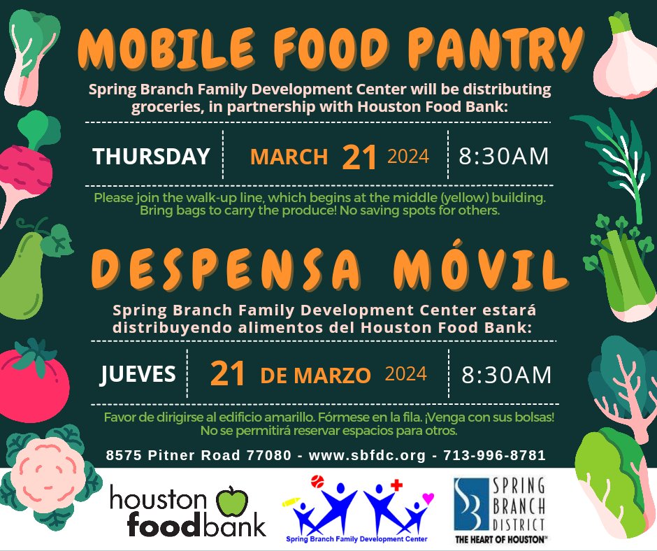 Thursday, March 21 at 8:30AM: @HoustonFoodBank Mobile Pantry at @SBFDCenter Jueves 21 de Marzo a las 8:30AM: Despensa de Comida de @HoustonFoodBank en @SBFDCenter Thank you for the support, @SpringBranchMD!
