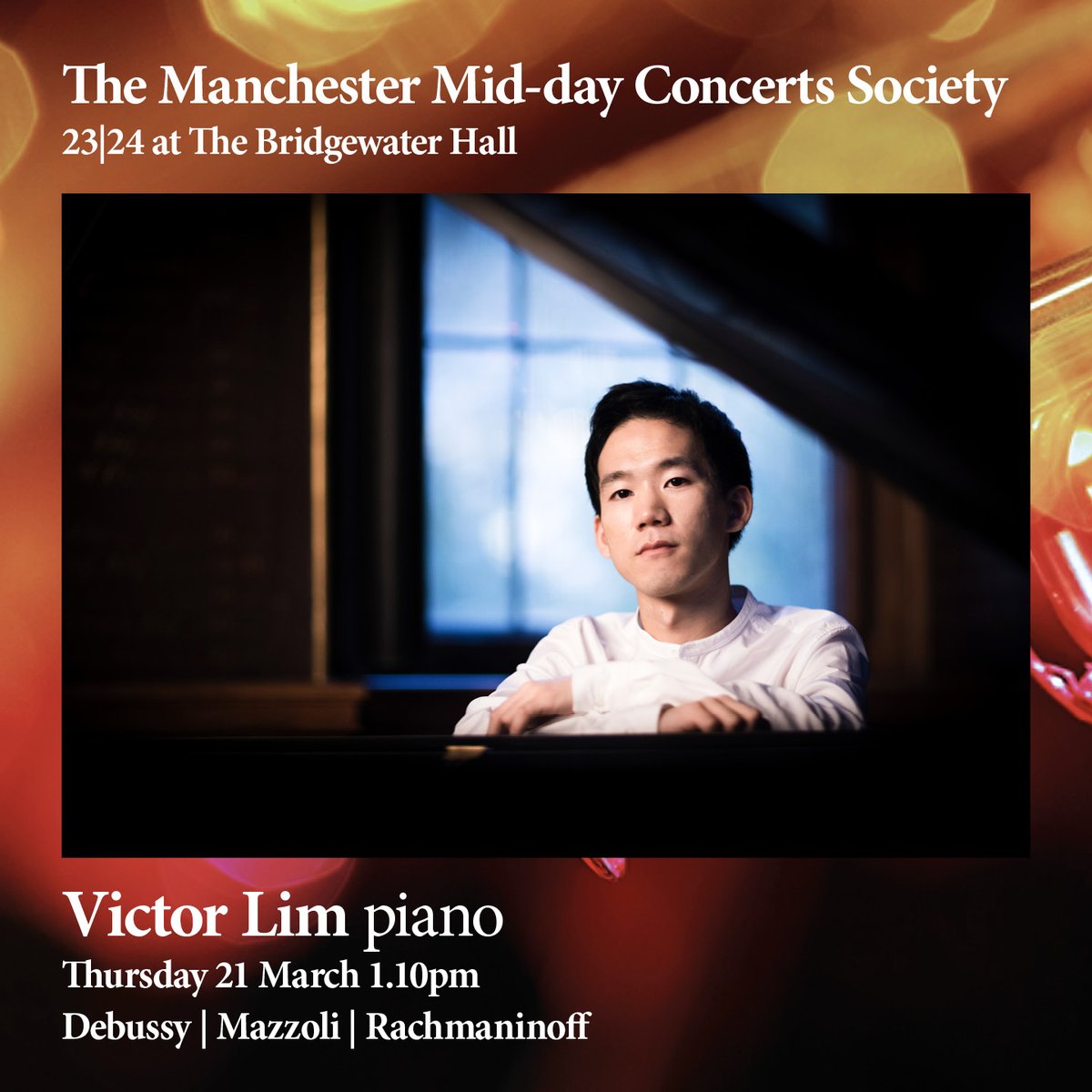 COMING UP // South Korean-British pianist Victor Lim joins us this Thursday for the latest installment of the @McrMiddays! Join us for music from 1.10pm or head down early to grab lunch at our Stalls Cafe Bar from 11am til 2.30pm. 🎟 bridgewater-hall.co.uk/whats-on/manch…