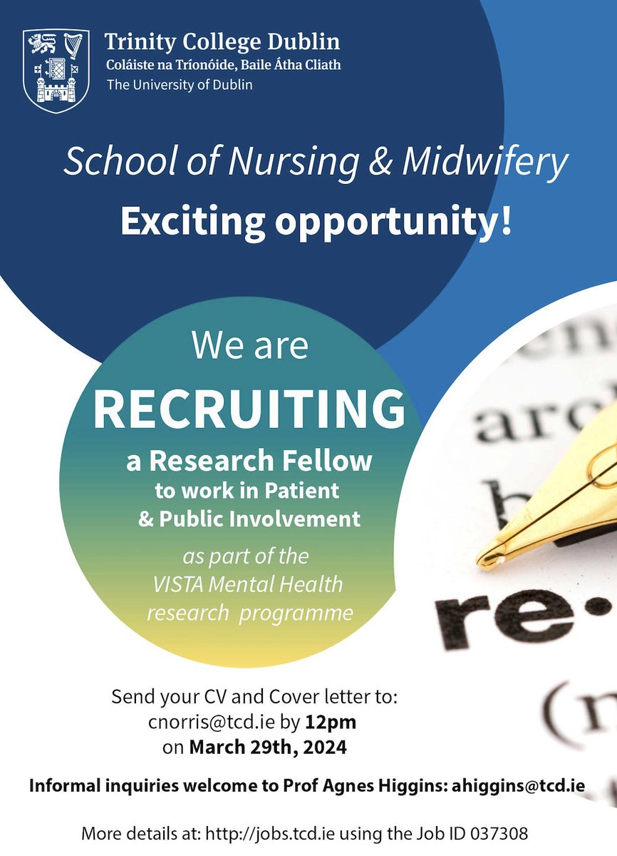 We're seeking a #ResearchFellow to join our team working on Public and Patient Involvement (PPI) as part of the VISTA Mental Health research programme. Closing date for applications: 12pm, 29 March 2024 Find out more and apply: my.corehr.com/pls/trrecruit/…
