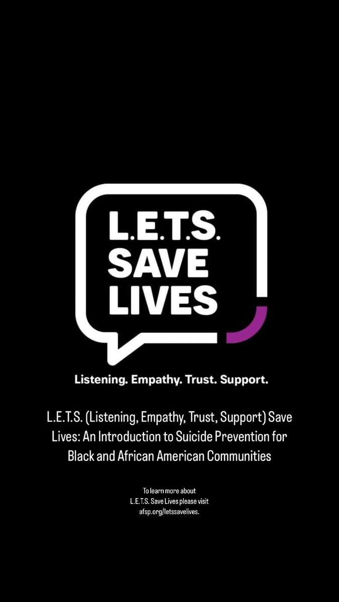 Honored to be a trained presenter for <a href="/afspnational/">American Foundation for Suicide Prevention</a>’s new program L.E.T.S. (Listening, Empathy, Trust, Support) Save Lives: An Introduction to Suicide Prevention for Black and African American Communities. More info: afsp.org/letssavelives 
#LetsSaveLives #PhillyFightsSuicide