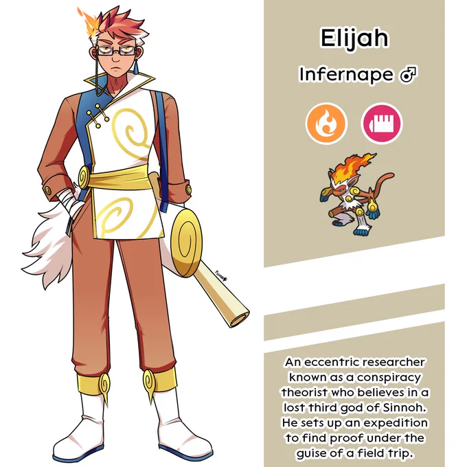 [#Pokemon] Gijinka / humanizations of my Platinum team (Infernape, Staraptor, Luxray)! The plot of this one's lore is "eccentric people hunt for proof that Giratina is real and Team Galactic is evil" (1/2) 
