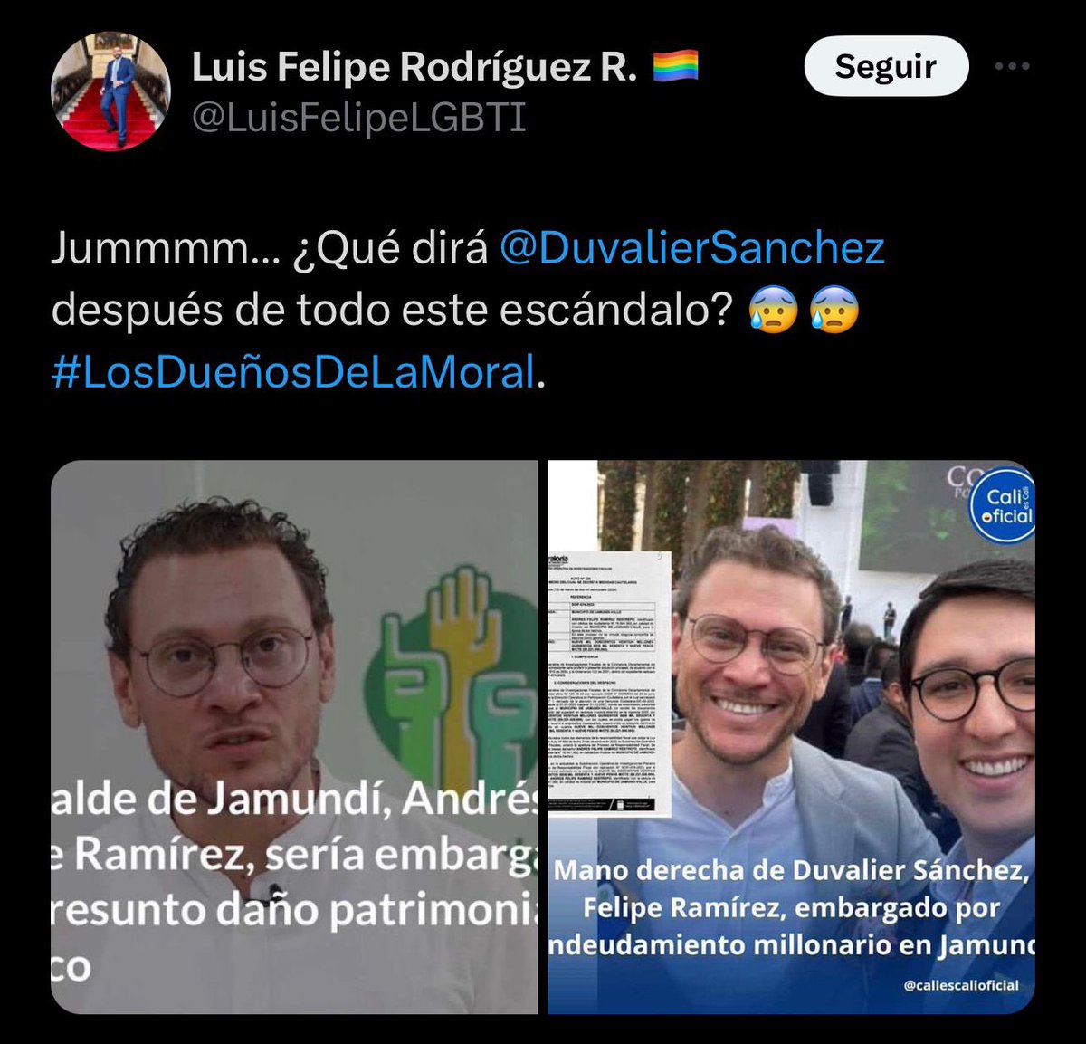 DuvalierSanchez's tweet photo. Gobernadora .@DilianFrancisca quiero que me ayude con algo.
 
Tengo una hipótesis y usted que maneja los hilos del poder en el Valle me puede ayudar a comprobarla, es que no quiero pasar por ingenuo.
 
Cuando uno decide enfrentar un poder corrupto incómoda, entonces sabemos a qué nos enfrentamos: la persecución a nuestra gestión en la Alcaldía de Jamundí es la respuesta al debate con la senadora del Partido de la U @normahurtados, al control político del puente de Juanchito y a la investigación que se le va a devolver a usted en la Corte Suprema de Justicia. 
 
Creo -pero puedo estar equivocado-, por eso necesito su colaboración, esta es una reacción demasiado predecible y por lo tanto, desesperada del poder corrupto de la Gobernación. No intentan demostrar que son decentes, o que hacen las cosas bien, ni se esfuerzan por dar el debate público sobre los cuestionamientos que he hecho a su contratación; lo que han elegido es la intimidación judicial y la persecución con todos los instrumentos que tienen a su alcance, en este caso: la Contraloría Departamental.
 
En año y medio que llevo de congresista nadie tiene más denuncias que yo por parte de ustedes, tanto de Clara Luz (que me bloqueó tan pronto dejó el cargo), usted y sus subalternos. A todas he respondido y he ganado la mayoría, lo jueces me han dado la razón, igual le reconozco que el desgaste es alto. 
 
La última denuncia que usted me interpuso es con relación a los ventiladores que pagaron por parte de su actual Secretaria de Salud y nunca entregaron. En este tema, los papeles se van a invertir, pasaré de ser acusado por afirmar que se robaron 8.000 millones a aportar las pruebas para que les toque responder. Si quiere escríbame un WhatsApp y le cuento más. 
 
Ahora fabrican una notica tendenciosa sobre mi compañero de causa @FelipRamirez_ , por hacer un empréstito de corto plazo (créditos de tesorería) para dar liquidez, no empréstitos de inversión en formación de capital, y que lo hicieron la mayoría de municipios después de la pandemia para ponerse al día con sus pagos y compromisos con sus funcionarios y obligaciones misionales legales. Un absurdo lo que hace la @ContraloraValle, bajo esa premisa tendrían que investigar y embargar a todos los alcaldes del país. 
 
Es claro Doctora que el corrupto moderno nunca da la cara, elude el debate democrático y prefiere poner titulares tendenciosos para que la gente crea que todos somos iguales, que en el poder nadie es honesto, que si ustedes PRESUNTAMENTE roban nosotros también, han buscado hasta debajo de las piedras y no han podido hacer nada para jodernos. Se tendrán que esforzar más, pero además la gente no es boba, nadie les cree.  
 
Dígame la verdad, ¿Usted qué cree? ¿Qué es más fácil? responder, explicar y demostrar que actúan de forma transparente como estamos dispuestos a hacerlo nosotros, o elegir el camino mafioso, el del sicariato digital prepago y la persecución con las ías, porque siendo así doctora Dilian, la corrupción trasciende de lo material.