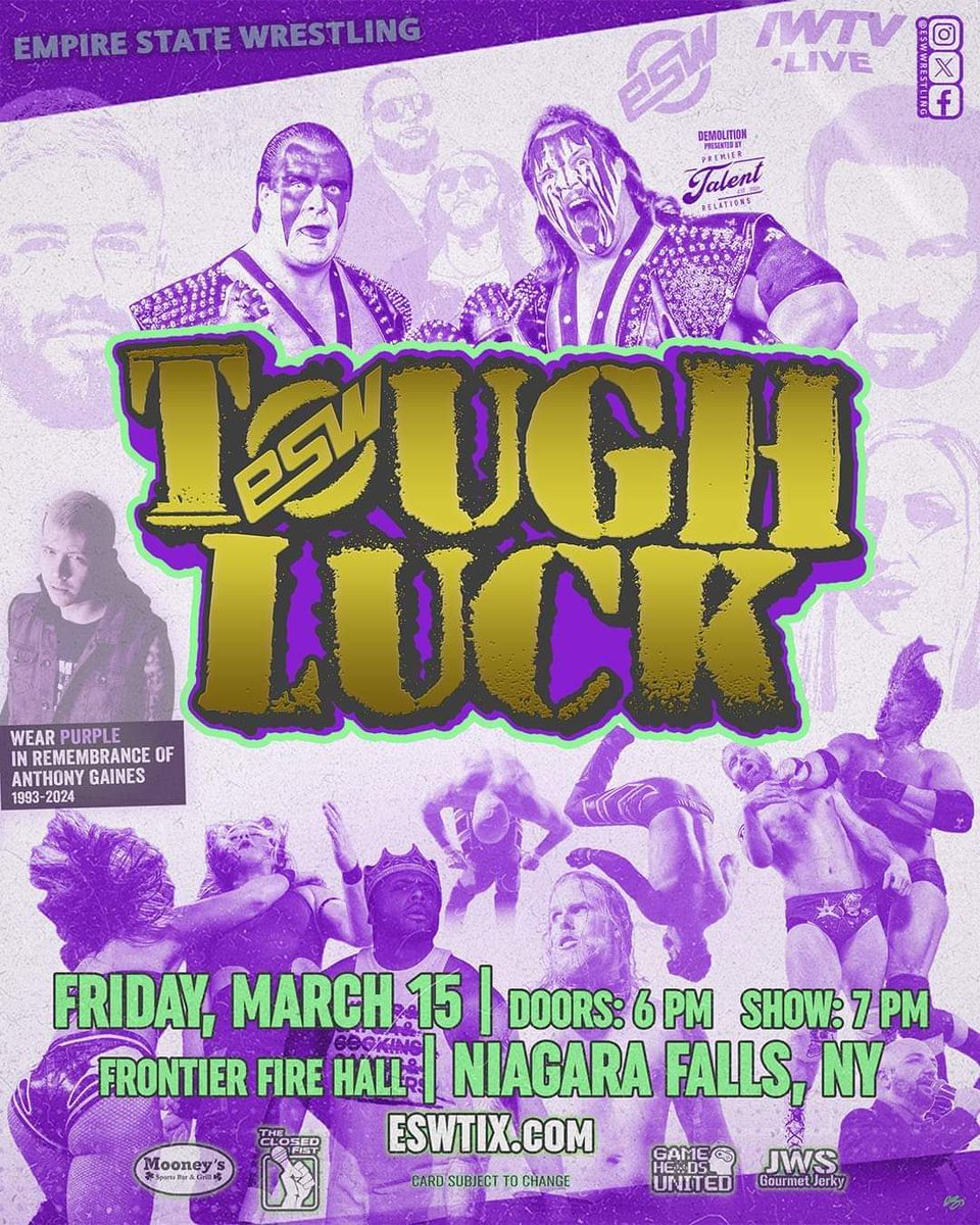 Tonight is @ESWWrestling Tough Luck 7pm in Niagara Falls,NY and live on @indiewrestling feat. Demolition @TheJasonHotch @blkwdxvx @BigBillCollier @GregoryIron @collins__philly @MarinoTenaglia @sladewrestler
@Sean_Legacy1 @CourageousCM @haleydylan_ @TheKtArquette @Channing_Decker