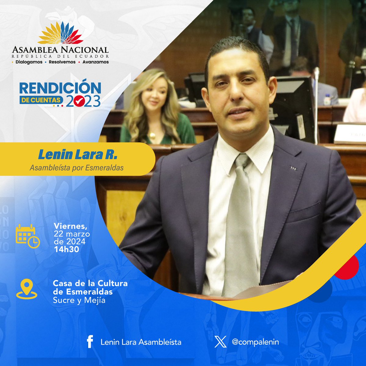 ⭕️ Cumpliendo con la normativa legal y constitucional los invitamos a nuestro acto de #RendiciónDeCuentas2023. ✋🏼🇪🇨 #LeninLaraAsambleístaPorEsmeraldas #BancadaCiudadana @DesarrolloEcAN @AsambleaEcuador