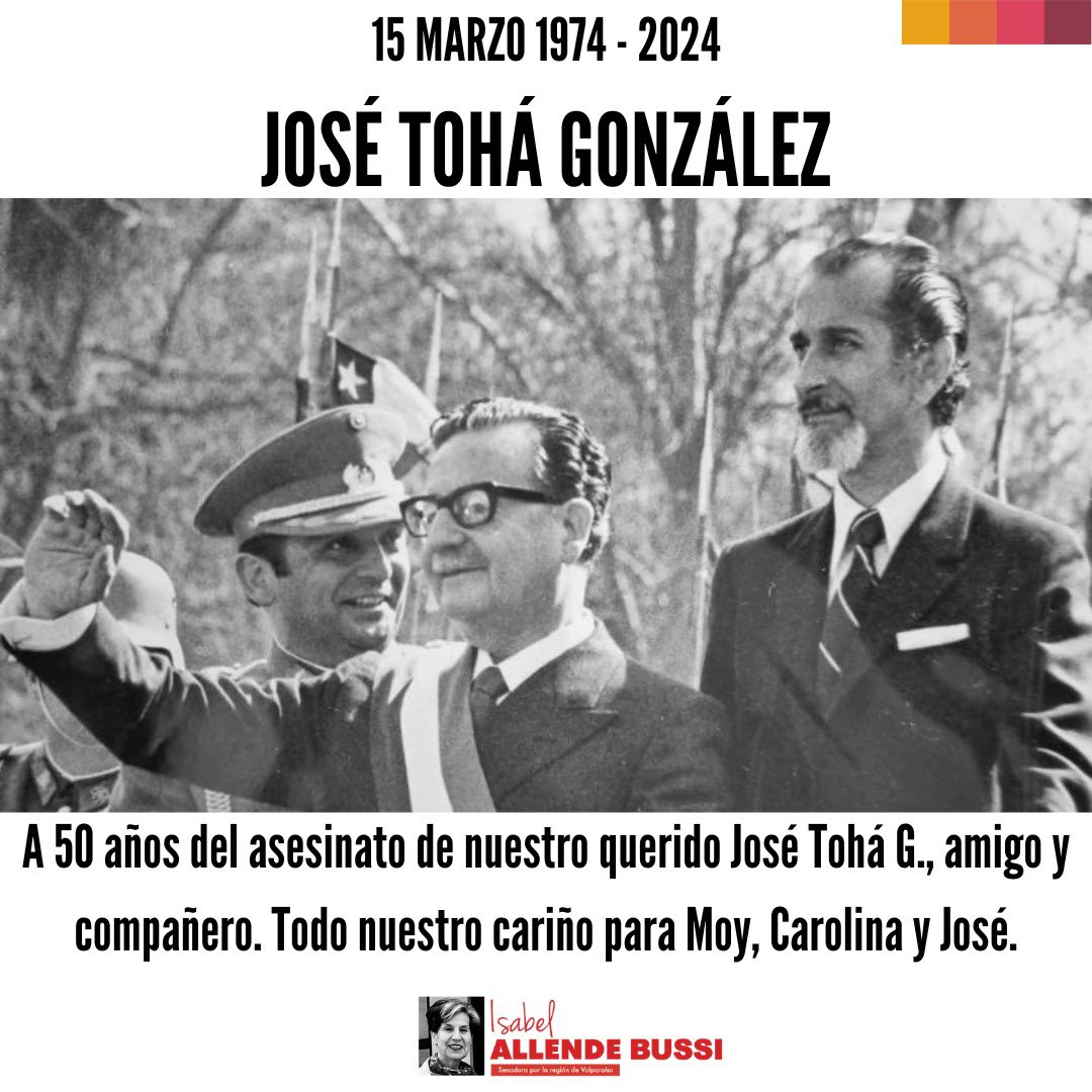 Hoy conmemoramos a nuestro querido amigo, especialmente de mi padre, José Tohá González, y le hacemos llegar todo nuestro cariño, a nombre de la familia Allende Bussi, como de la @FSAllende a Moy Morales de Tohá, a @Carolina_Toha y a José, a 50 años de su alevoso asesinato.