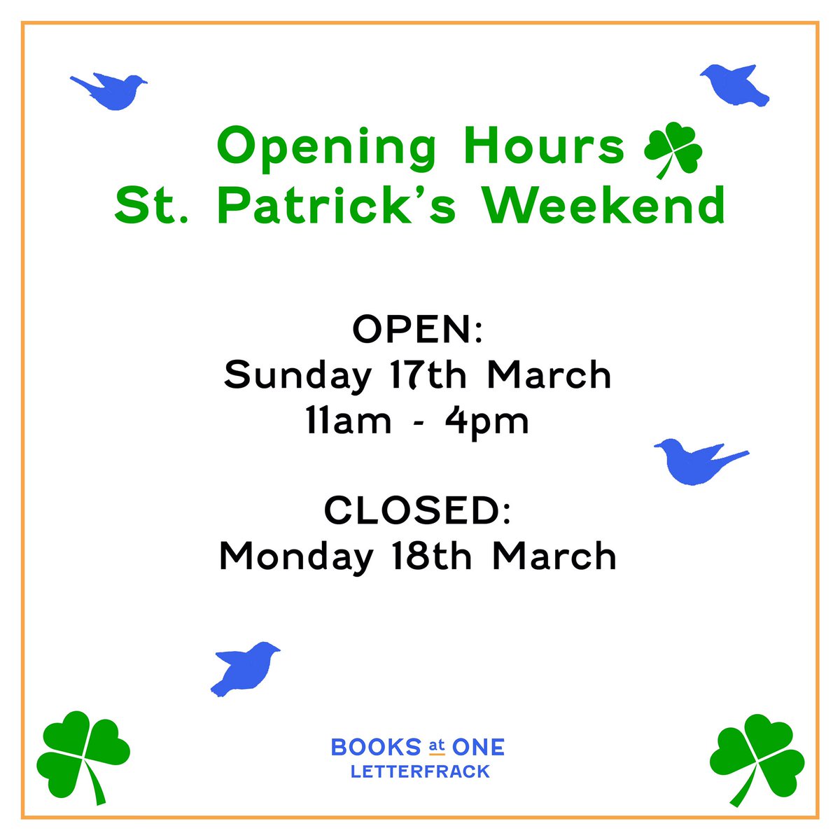 Opening hours this weekend! Open Saturday as usual, Sunday 11am - 4pm, closed Monday ☘️☘️