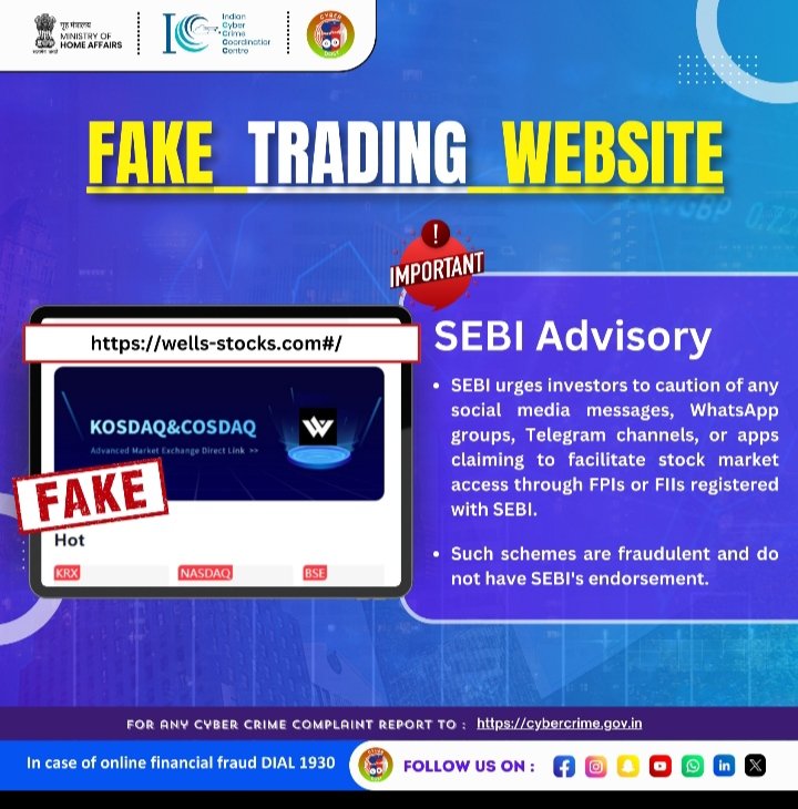 Beware of Fake Trading / Investment Websites. The domain wells-stocks.com/#/ is fake and operating from offshore regions targeting citizens having interest in Indian Stock Market.
For more info, please click here: shorturl.at/fnMRZ
#I4C #MHA #Cyberdost #Cybercrime#CCPS