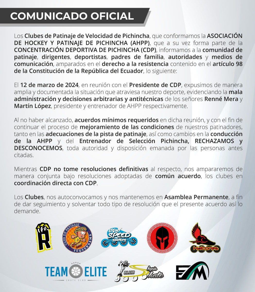 Clubes de patinaje que conforman ASO. de Hockey y Patinaje de Pichincha llaman a <a href="/ConcePichincha/">Concentración Deportiva de Pichincha</a> a tomar resoluciones urgentes…