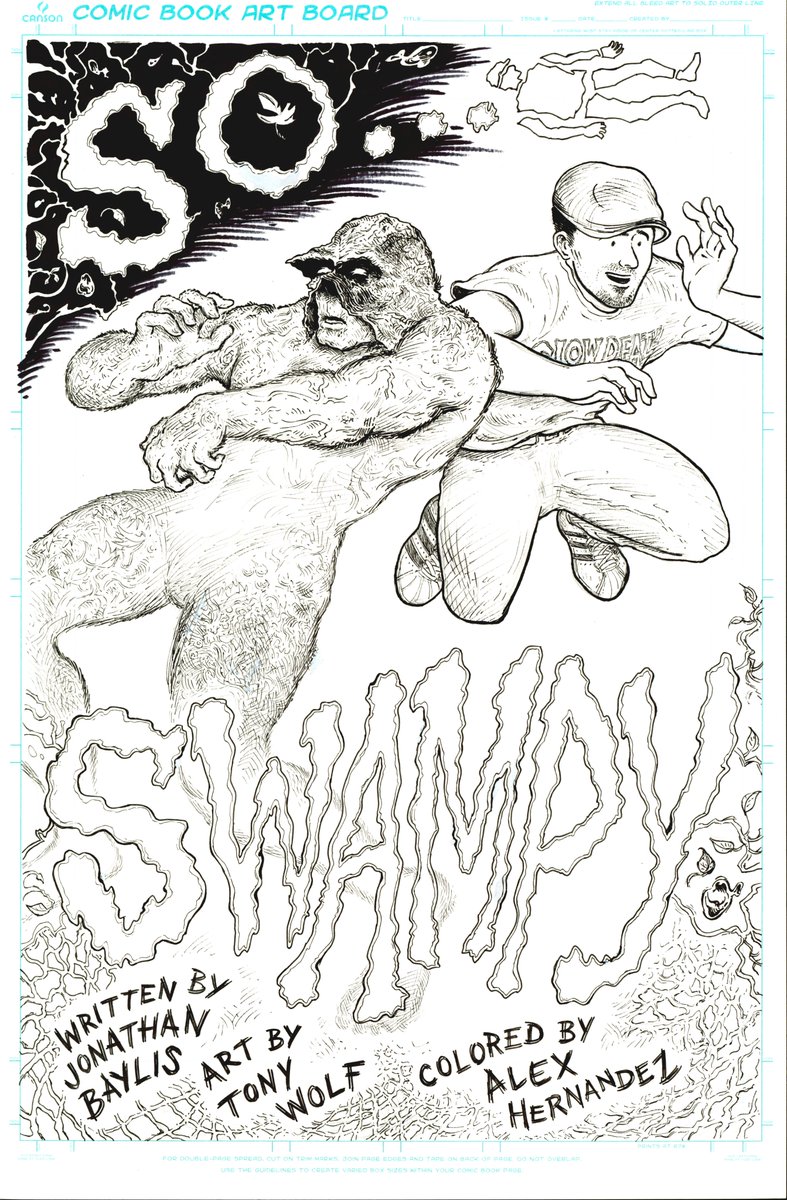 black &amp; white scan (although done in Color setting) for splash page, for Jonathan Baylis <a href="/JonathanBaylis/">Jonathan Baylis - So Buttons Comix</a> So Buttons #13  -  referencing Swamp Thing, of course  
  cc: <a href="/vulture/">Vulture</a>