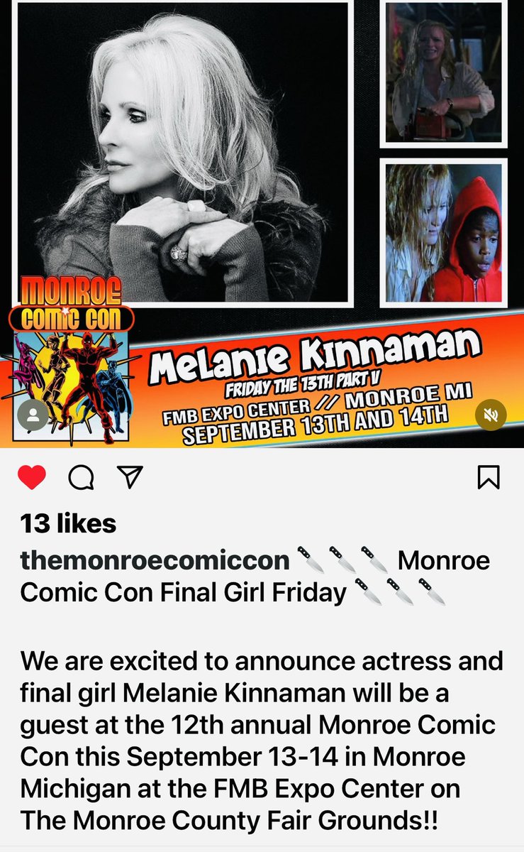 Look where I’m gonna be on Friday the 13th in Sept!!  See you all in Michigan… come by and say “What’s Up Pam”!!❤️🪓#fridaythe13 #finalgirl #screamqueen #monroecomicon