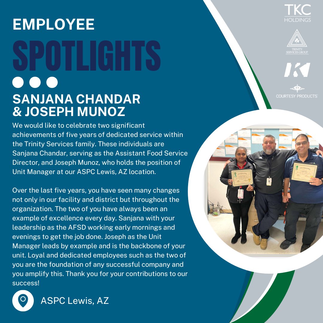 Happy #FeelGoodFriday! We are spotlighting two amazing employees from our ASPC Lewis facility in Arizona! 🥳

#TKCHoldings #EmployeeSpotlight #CompanyCulture