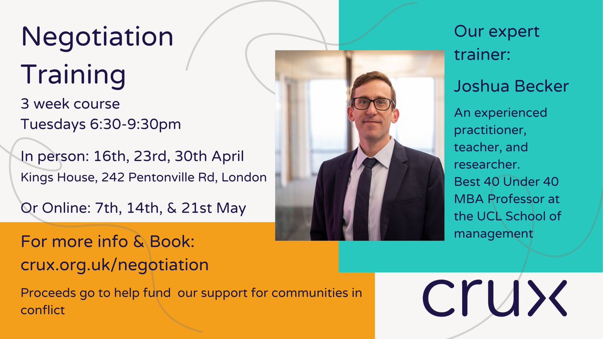 Crux (@cruxorguk) on Twitter photo Do you want to get better at managing complex decisions and negotiating outcomes that you want? We're delighted to offer🌟 new negotiations training 🌟
Our trainer is <a href="/joshua_a_becker/">Joshua Becker</a>, a 40 under 40 MBA lecturer
& it supports our charitable work!
👉 bit.ly/cruxtraining Do you want to get better at managing complex decisions and negotiating outcomes that you want? We're delighted to offer🌟 new negotiations training 🌟
Our trainer is <a href="/joshua_a_becker/">Joshua Becker</a>, a 40 under 40 MBA lecturer
& it supports our charitable work!
👉 bit.ly/cruxtraining