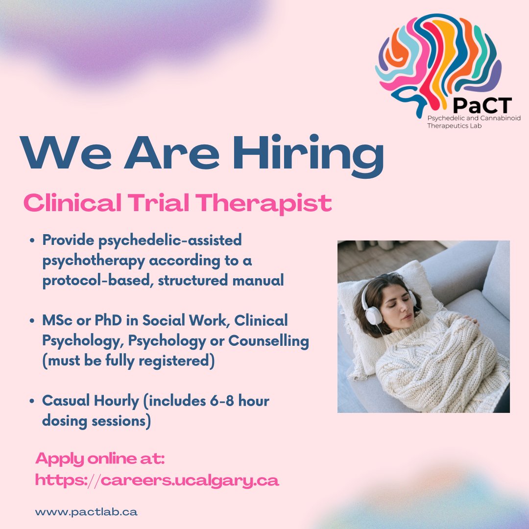 Leah Mayo (@mayoonthebrain) on Twitter photo The <a href="/pact_lab/">Psychedelic & Cannabinoid Therapeutics (PaCT) Lab</a> team is growing - we are hiring up to 3 (!) therapists to support upcoming clinical trials with #psychedelics
Must be registered & able to practice in Alberta. More info here: careers.ucalgary.ca/jobs/14116100-…
Feel free to reach out with questions & please share widely! The <a href="/pact_lab/">Psychedelic & Cannabinoid Therapeutics (PaCT) Lab</a> team is growing - we are hiring up to 3 (!) therapists to support upcoming clinical trials with #psychedelics
Must be registered & able to practice in Alberta. More info here: careers.ucalgary.ca/jobs/14116100-…
Feel free to reach out with questions & please share widely!