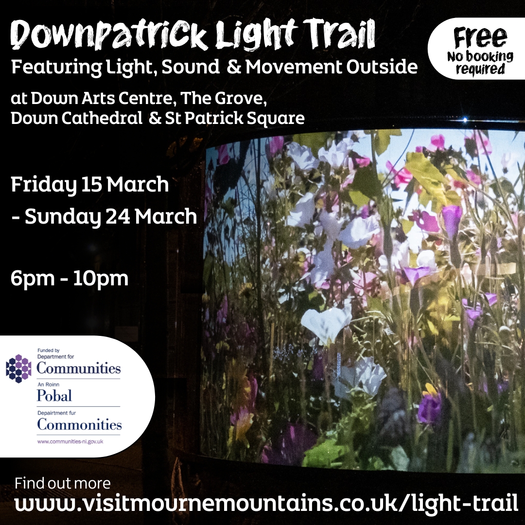 FREE Light Trail in Downpatrick opens this evening! 📅15 March - 24 March ⏰6pm - 10pm 🚶‍♀️ Trail can be pick up at any point 📍 Downpatrick @StellarProject2 will transform Downpatrick into a magical wonderland. Funded by @CommunitiesNI More info: visitmournemountains.co.uk/light-trail