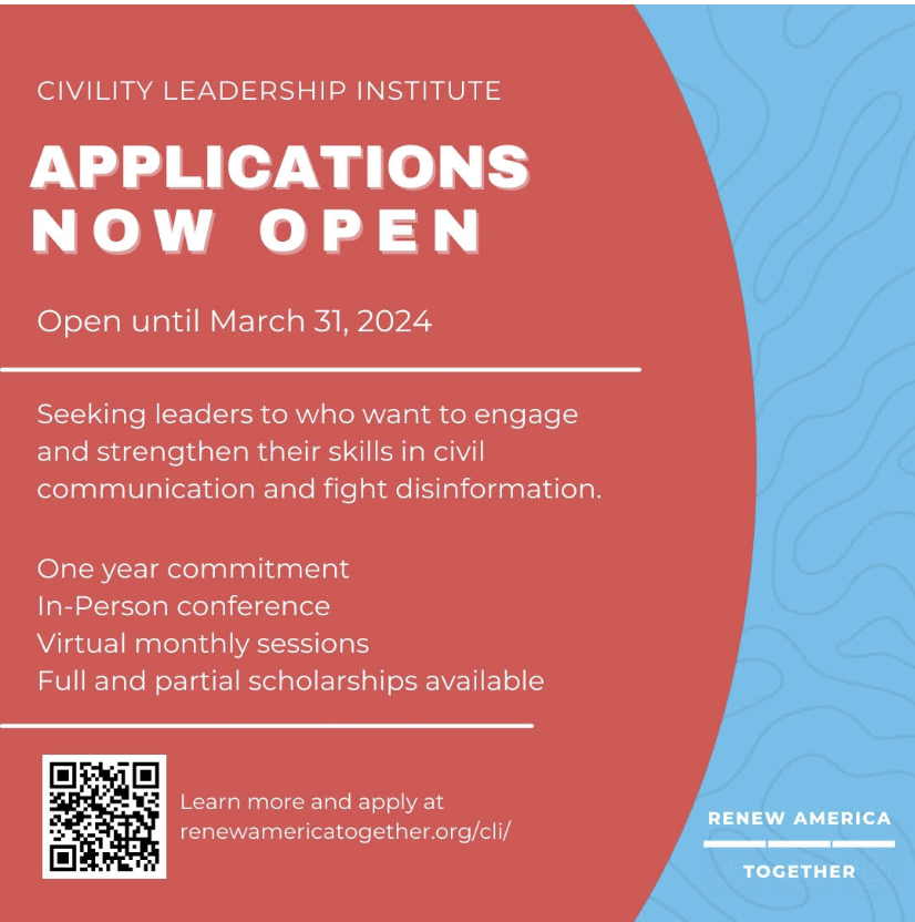 Applications are now open for the next cohort of the Renew America Together Civility Leadership Institute! This program is designed for individuals who are concerned about the growing polarization in our country and eager to make a difference. renewamericatogether.org/CLI