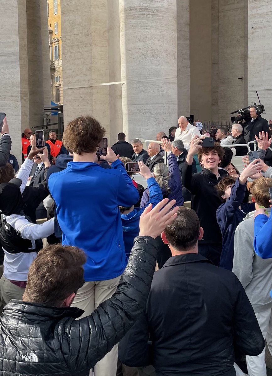 RockHighPres's tweet photo. While in Rome with a Choral tour, some Hawklets, and even Fr. Giacabazi, SJ (lower portion of picture) had a chance to see the Holy Father, Pope Francis!  AMDG https://t.co/ZF5sfh9vQe
