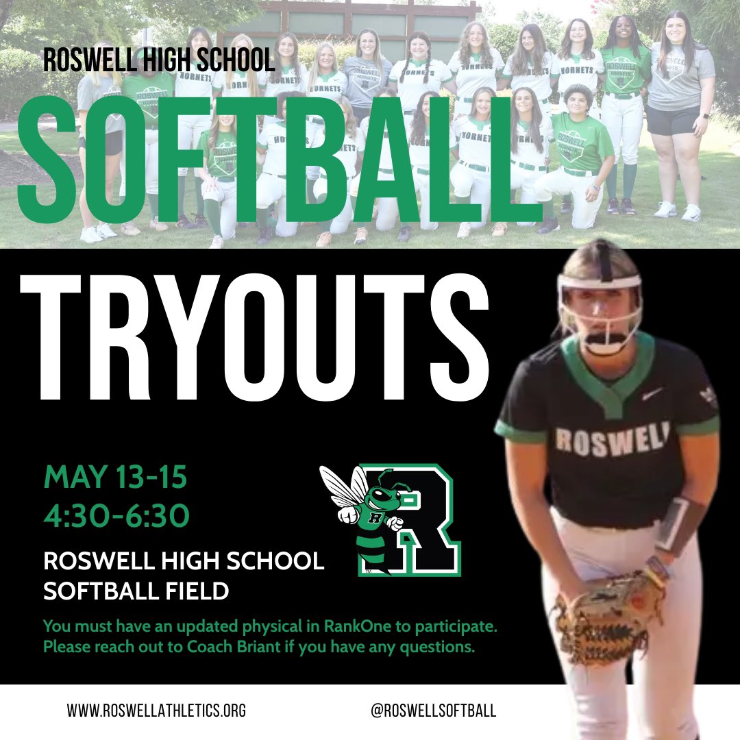 📍 Roswell Softball Field 🗓️ May 13-15 ⏰ 4:30-6:30 Please make sure you have an updated physical in RankOne to participate in tryouts. If you have any questions please contact Coach Briant. #RoswellSoftball #WeR 🥎