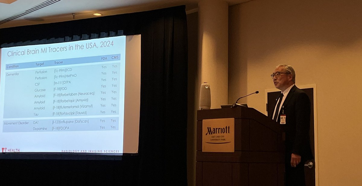 @DrMinoshima, Chair of @UofURadiology, now giving us a comprehensive, whirlwind tour of available Molecular Brain Imaging techniques for Cognitive and Movement Disorders at #WINO (Western Intermountain Neurological Organization Conference 🧠🧪