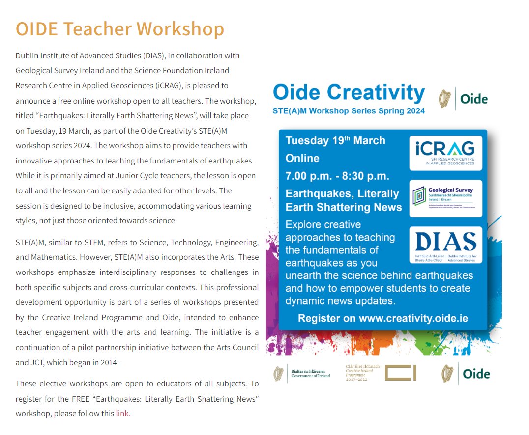 🚨 Attention all educators! 📚Join us for a free online @Oide_Creativity workshop all about earthquakes in collaboration with GSI and iCRAG . Use the link below to register.⬇️ docs.google.com/forms/d/e/1FAI… #DIASDiscovers #STEAM #EarthquakeEducation