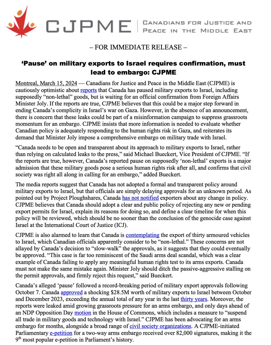 CJPME's tweet photo. If the reports are true, Canada’s reported pause on supposedly ‘non-lethal’ exports is a major admission that these military goods pose a serious human rights risk after all, and confirms that civil society was right all along in calling for an embargo. https://t.co/BB6LtPp6dh https://t.co/Pzy8jSD8U5