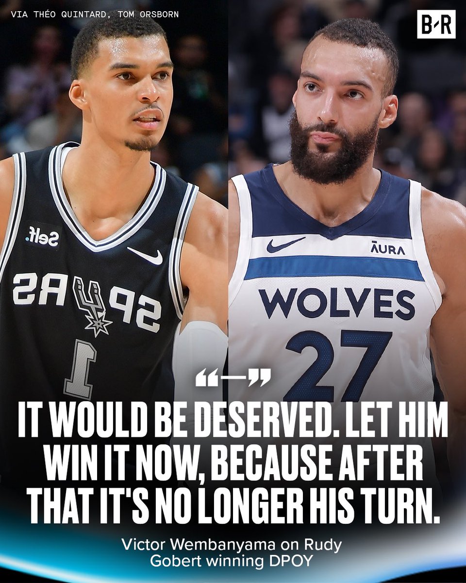 BleacherReport's tweet photo. Wemby’s fine with Rudy Gobert beating him out for DPOY, but only for now 😅

(via @TheoQuintard, @tom_orsborn) https://t.co/08TM2iRFUV