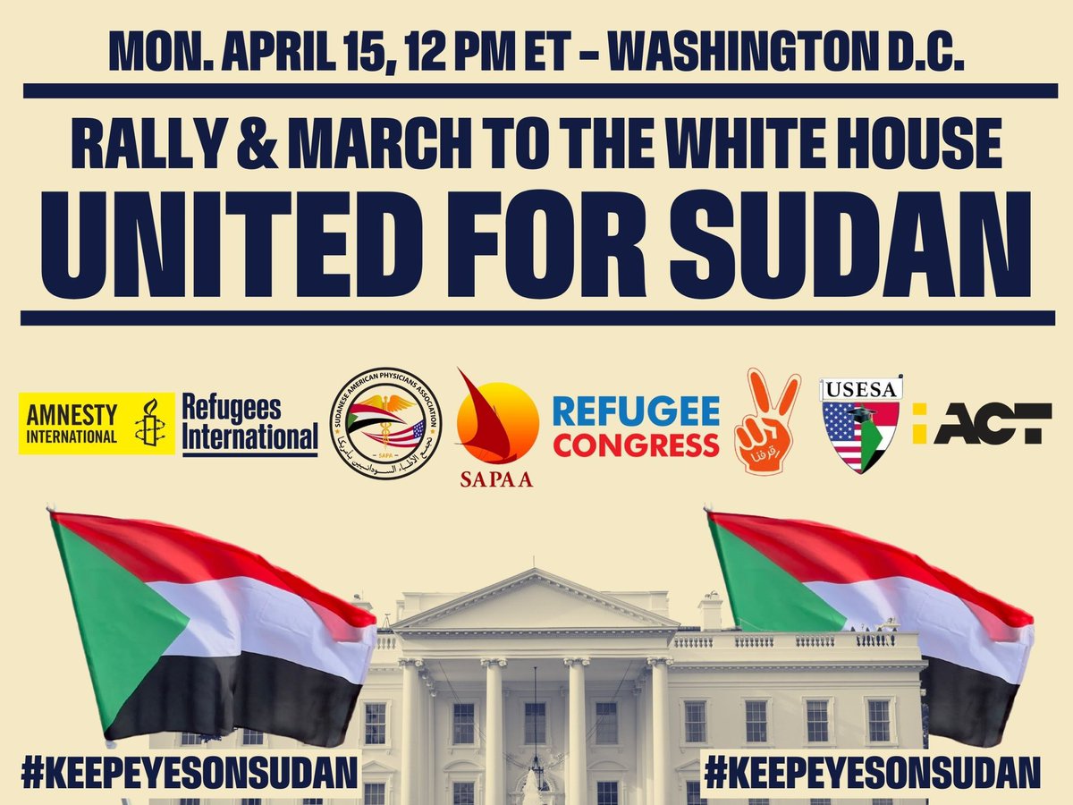 Nearly one year into the conflict in #Sudan, the international community’s response remains woefully inadequate.

Join us on April 15th at Freedom Plaza in Washington DC to demand action &amp; stand #UnitedforSudan.

#KeepEyesOnSudan
#SpeakOutOnSudan

eventbrite.com/e/united-for-s…