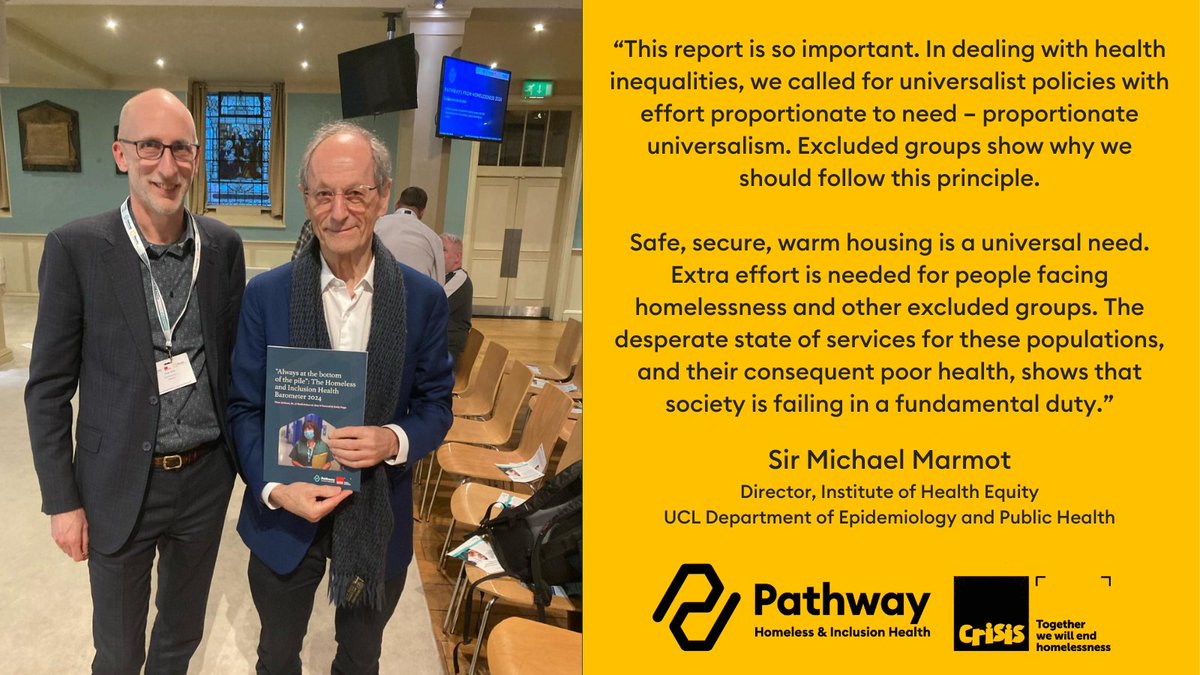 Many thanks to @MichaelMarmot for his support for our 1st of its kind Homelessness and Inclusion Health Barometer report. Published by @PathwayUK & @Crisis_UK, it reveals the national crisis facing both our health and housing systems. Download a copy here: bit.ly/3PdTyF4