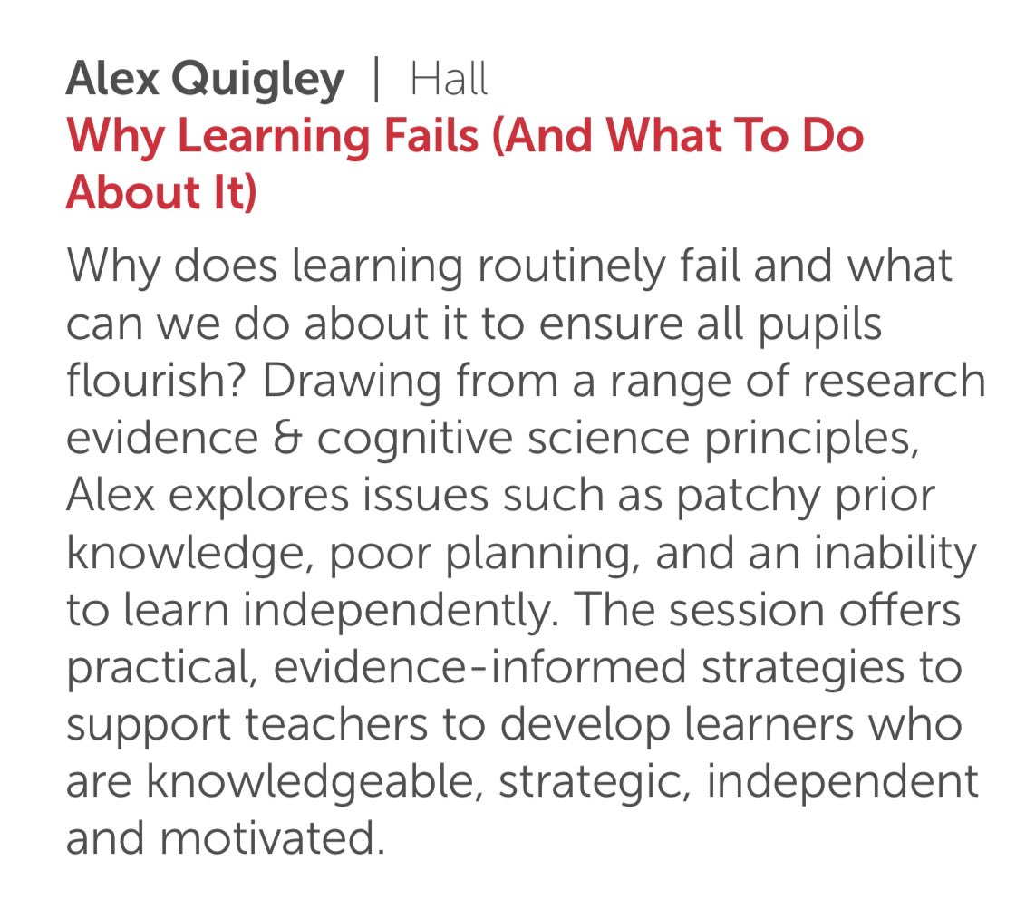 AlexJQuigley's tweet photo. Tomorrow, at the inimitable #reEDBrum, I’m talking about why learning fails. I’ll be exploring evidence attending overconfidence, judgements of learning, goal setting, motivation, & ‘wise interventions’ - and what they mean for learning. Session 2 - come along! @researchEDBrum https://t.co/kV9yZEl7K8