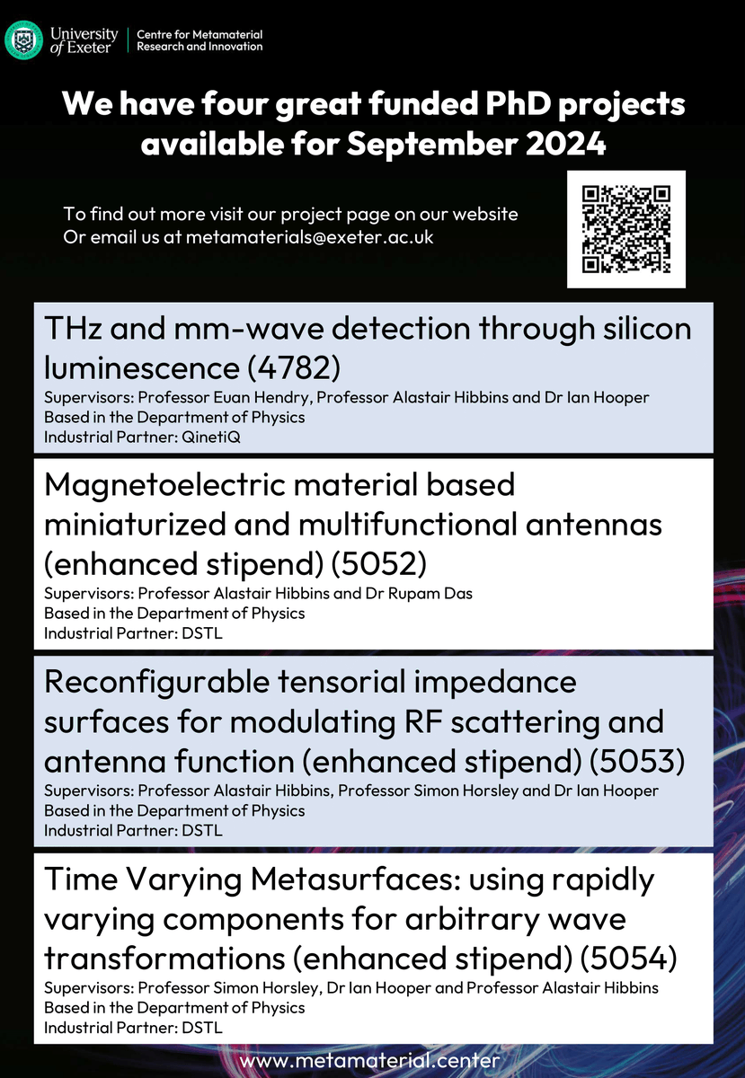 Looking for a #PhDposition that lets you undertake exciting research with real-world applications in diverse fields such as #healthcare &amp; #telecommunications?
We currently have 4 PhDs (start: September 2024) exploring how #metamaterials can revolutionise these areas and more⬇️