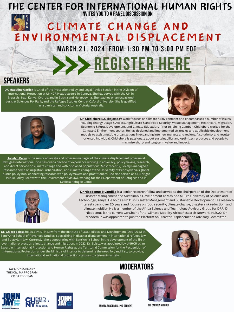 please join us our Panel discussion of Climate Change and Environmental Displacement on March 21, on zoom. 
register here jjay-cuny.zoom.us/meeting/regist…