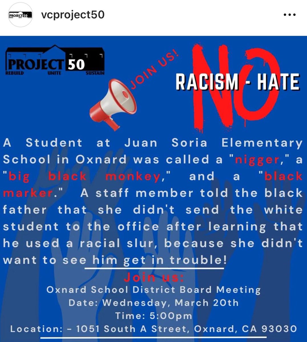 The recent incident at Juan Soria School is a prime example of how anti-Blackness is normalized &amp; perpetuated in our Oxnard community. The irony of Black civil rights leaders working w/ Juan Soria to end racist practices in our Oxnard schools is not forgotten. Accountability now!