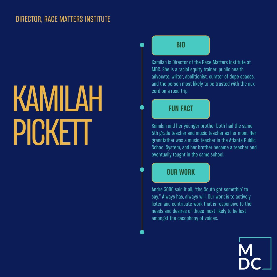 Meet Kamilah Pickett, Director of the Race Matters Institute at MDC! Kamilah leads the social entrepreneurial work of the institute, offering training, technical assistance, coaching, and more, aimed at strengthening an organization's mission performance. Swipe to learn more!