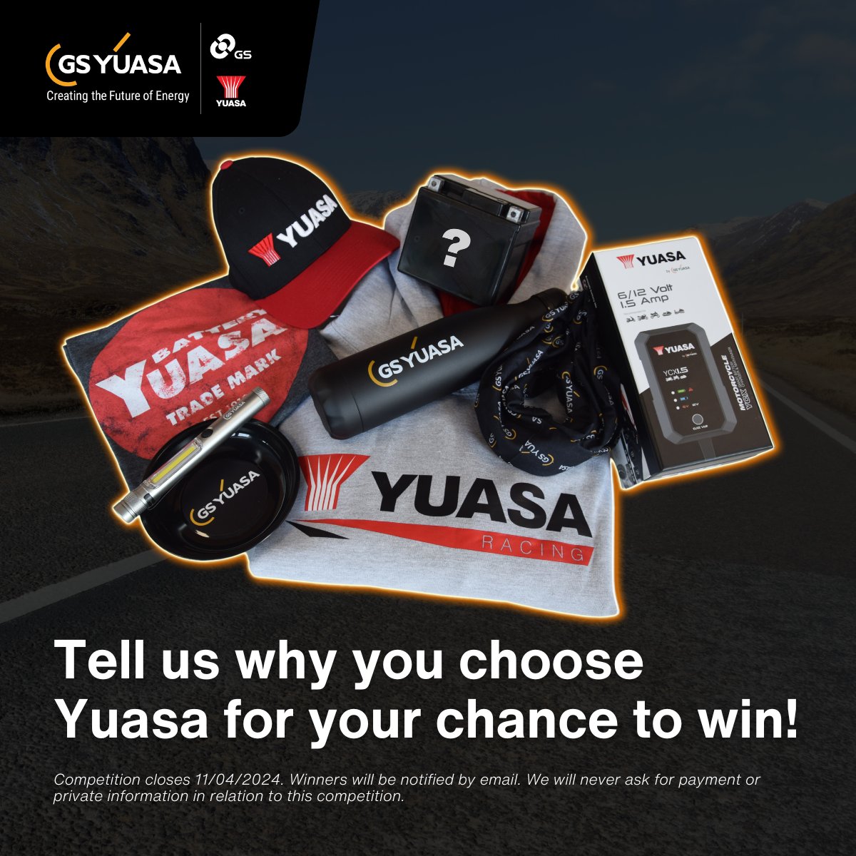 GSYuasaUK's tweet photo. Attention bikers! What makes Yuasa batteries a crucial part of your ride? Enter on our website and you could win a prize pack, with the top prize including a Yuasa motorcycle battery of your choice! 🔋 Tag a fellow biker and good luck! 🔗 https://t.co/1UkLfkpNxe #WinWithYuasa https://t.co/QJVWXe4sDI
