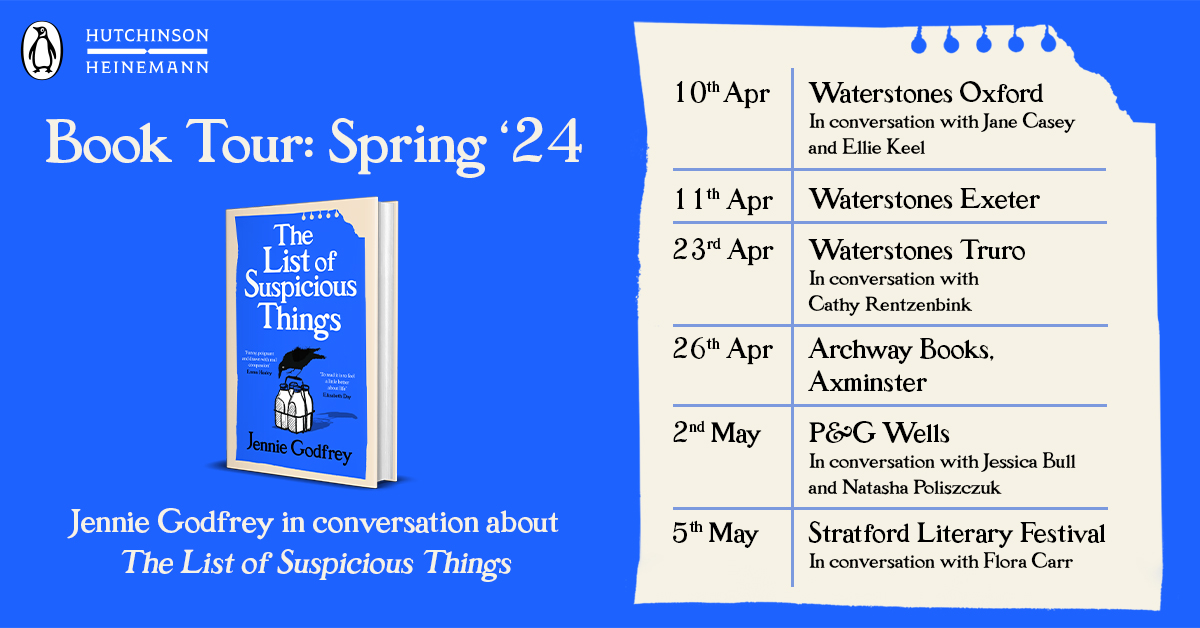 Join author of THE LIST OF SUSPICIOUS THINGS, @jennieg_author for events across UK bookshops this spring! Thanks for hosting us @WaterstonesOxf, @waterstones_exe, @WaterstonesTRU, @Archwaybookshop, @Bookwells and @StratLitFest. We can't wait! #TLOST 🐦‍⬛