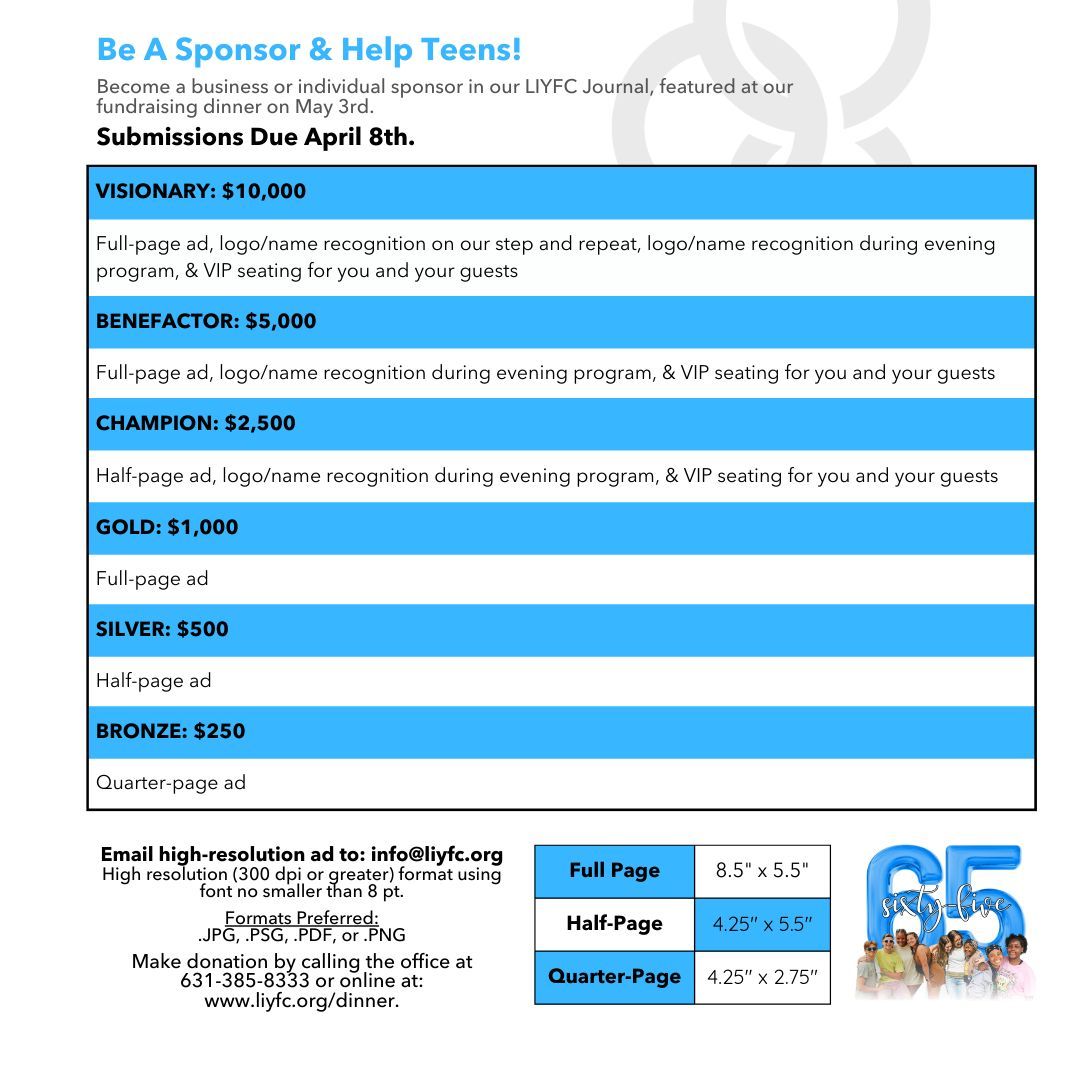 LongIslandYFC's tweet photo. Our sponsors are pivotal to the success of our 65th Anniversary Fundraising Dinner. By becoming an individual or business sponsor, you will not only be helping to support teens - you will also be featured in our journal at the event.

For more info, go to: https://t.co/BGjCutshqC https://t.co/SCw78qH4QV