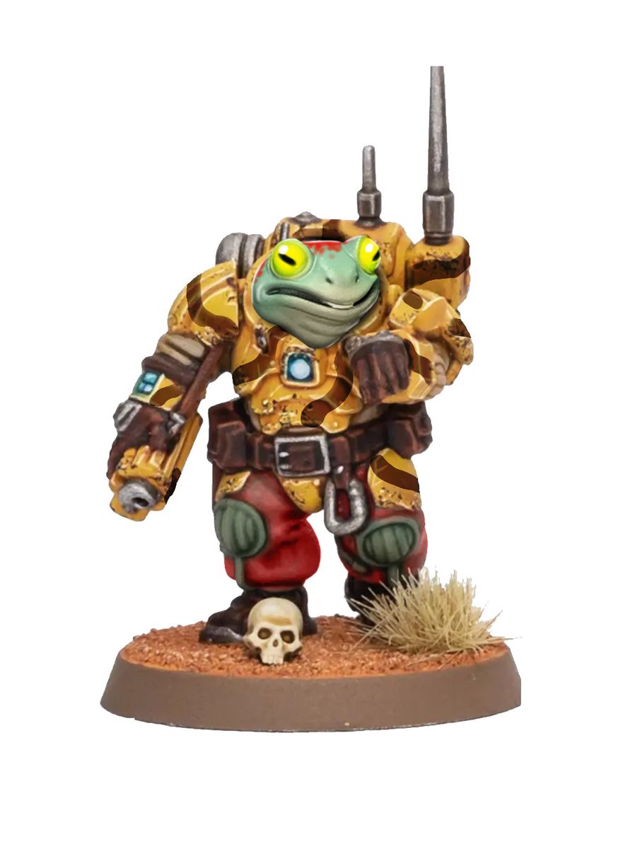 An idea I mocked up that I will never have the time, resources, money and skill to achieve, but... Sci-fi Frog Men for 40k, erm fuck yes!!! 🐸 @Garfytwit for the cracking paint job on the original Votann model!