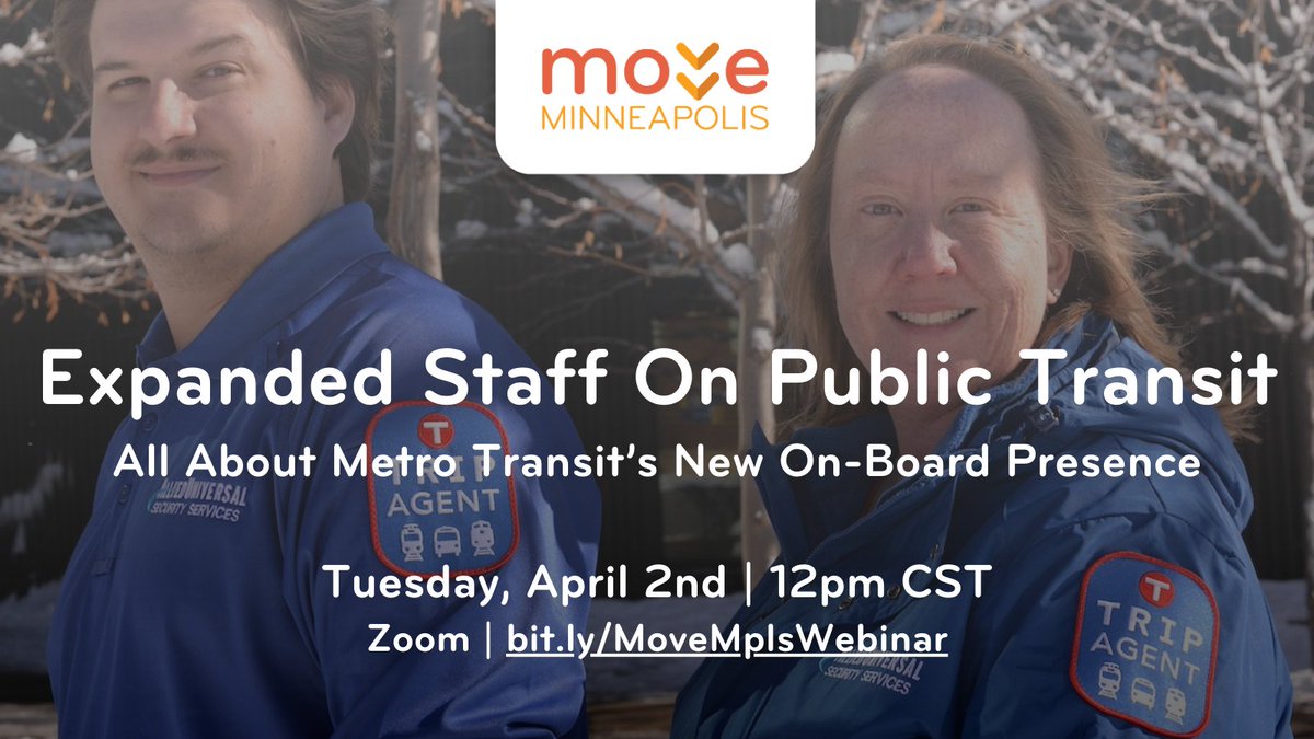 WEBINAR: Learn about <a href="/MetroTransitMN/">Metro Transit</a>'s improving the rider experience.
 Webinar speakers:
• Lesley Kandaras, Metro Transit GM
• Leah Palmer, Metro Transit TRIP Program Mgr
• Celina Martina, Metro Transit, Equity &amp; Inclusion
Tues, 3/2, 12 -1pm Register: tinyurl.com/54pdpnee