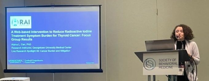 Great job by @AlainaCarr19 presenting about developing an intervention to reduce symptom burden in patients who receive radioactive iodine treatment for thyroid cancer. #sbm2024 @GeorgetownCPC