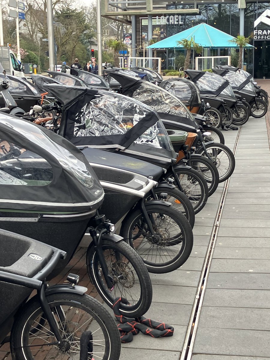 Loads of cargo bikes parked outside #Haarlem railway station. Looks like cargo bikes become an essential part of a Dutch commute! They take up more space than regular bikes, but a lot less than cars!