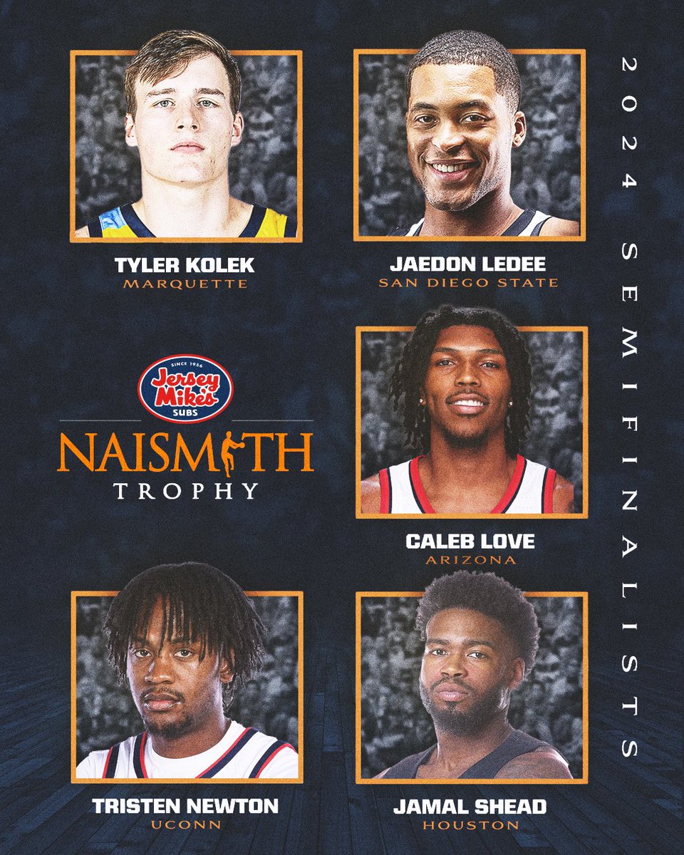 NaismithTrophy's tweet image. 🚨 ATTENTION 🚨

Introducing the 2024 @jerseymikes Naismith Men’s College Player of the Year Semifinalists🔥

#JerseyMikesNaismith