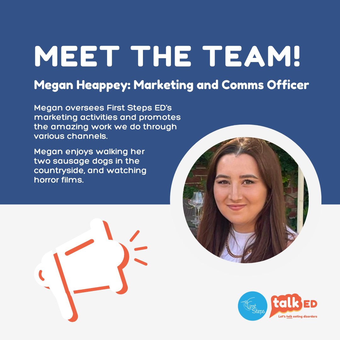 Let's meet more of our fantastic team! Meet Megan, our Marketing and Comms Officer. Megan promotes our services and the amazing work we do at First Steps ED, spreading awareness and creating conversations around eating disorders and the support we offer. #MeetTheTeam