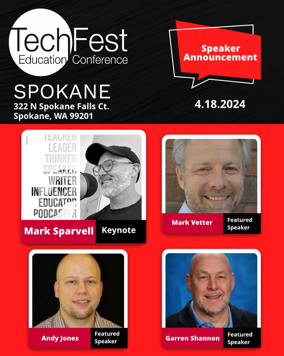 We're thrilled to unveil the stellar lineup for TechFest Spokane! Brace yourselves for a mind-blowing keynote & captivating sessions from industry luminaries. Stay tuned for updates as we reveal more visionaries shaping the future of ed tech! #TechFestSpokane #Inspiration #EdTech